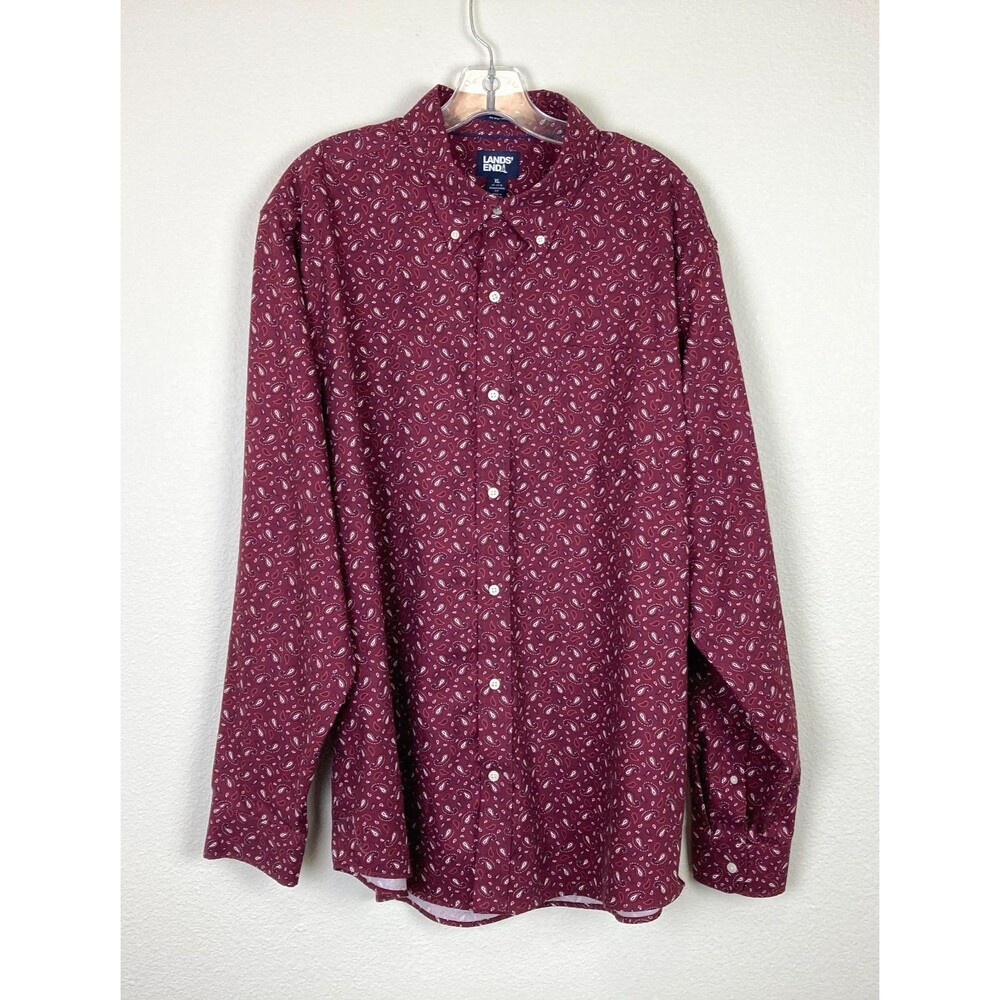 Lands' End Men's No Iron Twill Button Up Shirt XL Traditional Fit Maroon Paisley